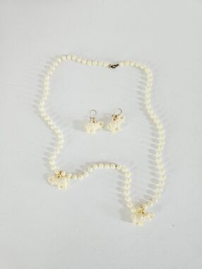 Vintage Faux Ivory Plastic Beaded Elephant Charm Matching Necklace & Earring Set
